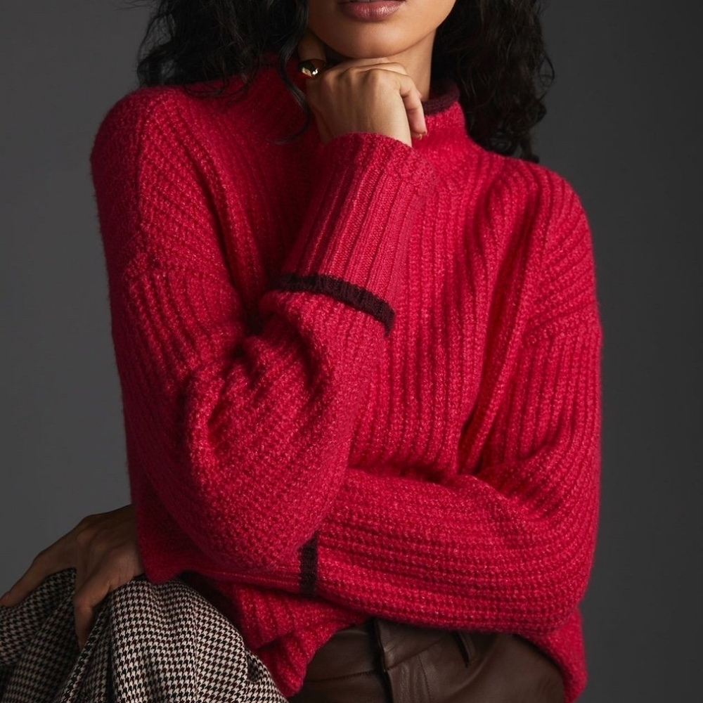 Anthropologie Maeve Mock Neck Color Tipped Knit Sweater XXS Pink